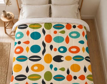 Mid Century Modern Cotton Comforter, Retro Geometric Bedding, Orange Teal Green Quilt