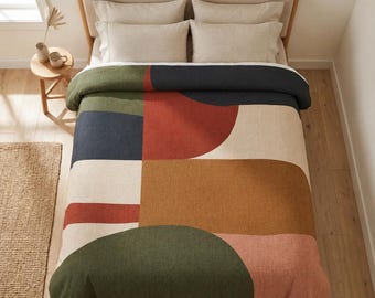 Mid Century Modern Comforter, Abstract Geometric Bedding, Retro Color Block Design
