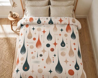 Mid Century Modern Teardrop Comforter, Retro Starburst Bedding, Geometric Pattern Quilt, Boho Bedroom Decor