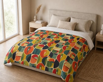 Mid Century Modern Cotton Comforter, Colorful Abstract Geometric Bedding, Retro Pattern Quilt, Boho Bedroom Decor