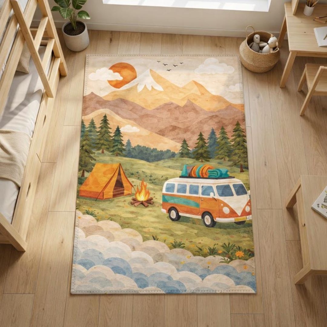 Kids Camping Rug – Retro Camper Van, Mountain Nursery Decor - Etsy