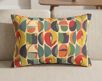 Mid Century Modern Lumbar Pillow, Abstract Geometric Cushion, Retro Colorful Accent Pillow
