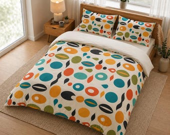 Mid Century Modern Comforter, Geometric Retro Bedding, Pebble Pattern Duvet, Orange Teal Green Bedspread
