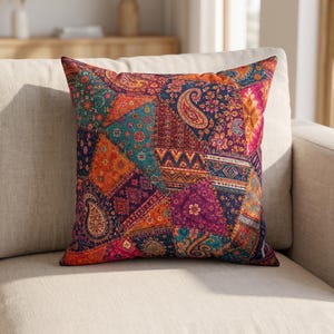 Bohemian Patchwork Pillow, Colorful Paisley Cushion, Moroccan Style Sofa Decor