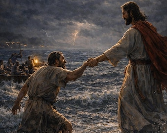 Jesus Walking on Water with Peter Christian Wall Art Matthew 14:29 Faith Bible Verse (Digital)