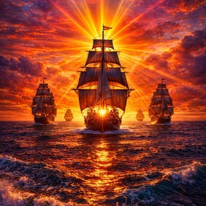 May include: A digital painting of several tall ships sailing on a dark ocean at sunset. The sky is ablaze with orange and red hues, with the sun's rays bursting through the clouds. The ships are silhouetted against the light.