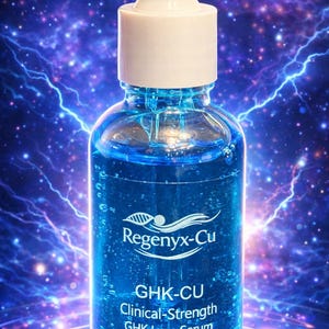 May include: A clear glass bottle with a white dropper top, filled with a blue liquid. The bottle has a label with the text "Regenyx-Cu" and "GHK-CU Clinical-Strength GHK Luxe Serum". The background is a blue and purple galaxy design.