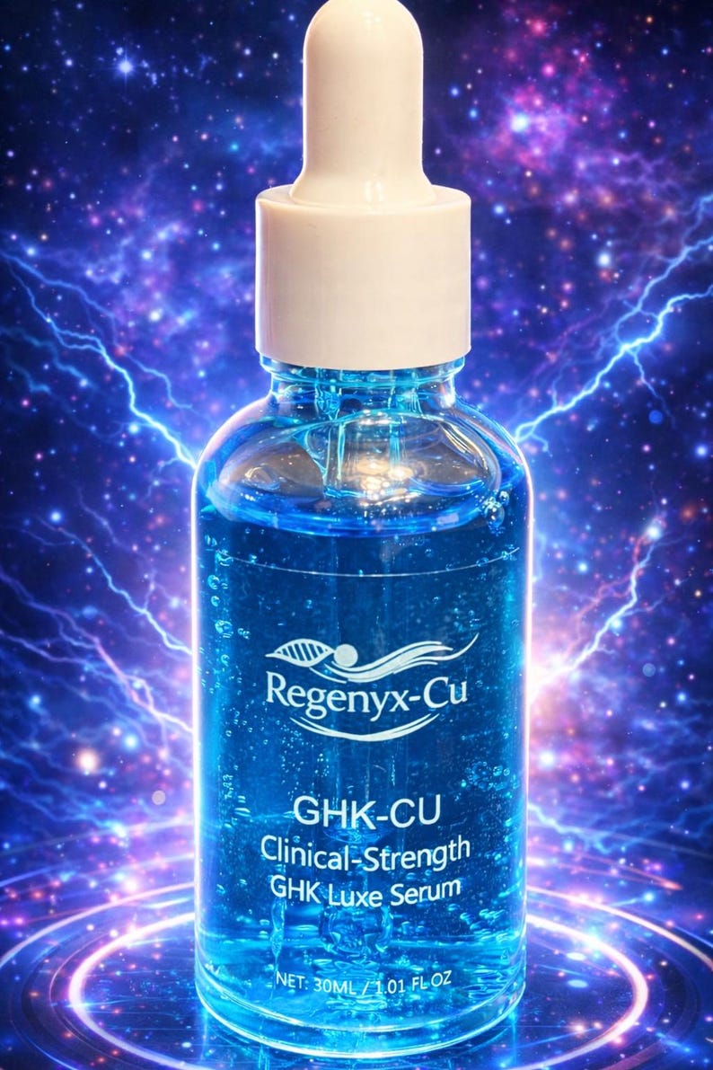 May include: A clear glass bottle with a white dropper top, filled with a blue liquid. The bottle has a label with the text "Regenyx-Cu" and "GHK-CU Clinical-Strength GHK Luxe Serum". The background is a blue and purple galaxy design.