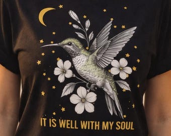 Hummingbird Shirt, It Is Well With My Soul Shirt, Christian Shirt Women, Spiritual Gift, Bird Linocut Shirt, Moon Stars Tee, Faith Shirt