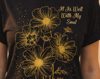 Linocut Shirt Women, Botanical Shirt, Minimalist Flower Shirt, Aesthetic Tee, Gold Flower Shirt, Nature Lover Gift, Wildflower Shirt