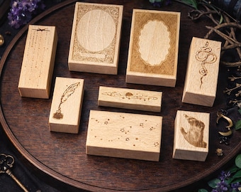 Victorian Occult Wooden Stamp | Hand, Snake, Quill & Celestial Motifs | Gothic Ephemera for Dark Academia Journaling