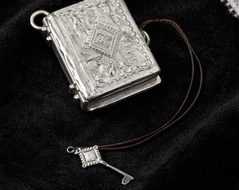Gothic Book Locket Charm with Key – Mini Secret Diary Pendant, Dark Academia Journal Charm, Witchy Jewelry Gift