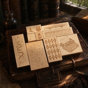 May include: A collection of rectangular wooden rubber stamps featuring engraved designs including a typewriter, lace patterns, stars, a diamond grid, a witch hat, a cauldron, a wand, a lantern, and a swirling ribbon motif on light wood blocks.