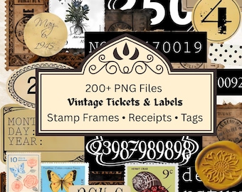 Vintage Ticket Ephemera Digital Kit, 200+ PNG Antique Labels, Postage Stamp Frames, Old Receipts, Junk Journal Printable, Dark Academia