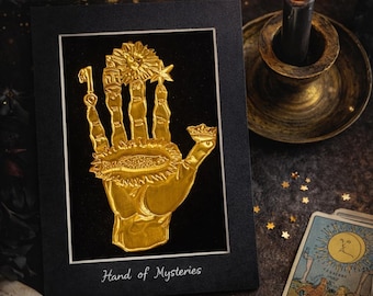 Gold Foil Embossed Artwork (5x7) – Hand of Mysteries, Occult Wall Decor, Gothic Alchemy Art, Dark Academia Decor