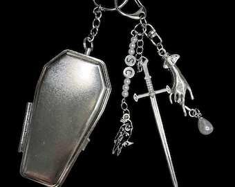 Dark Gothic Sword Keychain – Coffin Locket, Raven Hand & Pearl Charm, Romantic Gothic Keyring