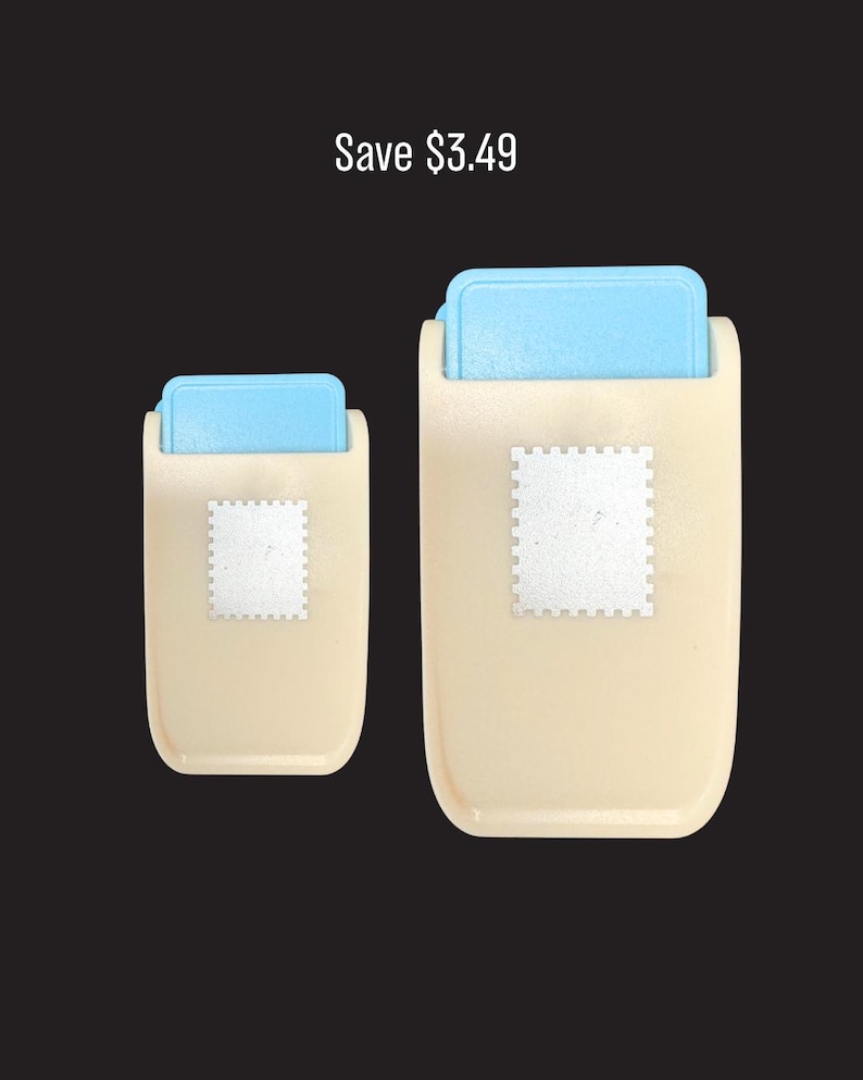 May include: Two beige paper punches with light blue top levers, each featuring a silver square stamp-shaped icon on the front. The text Save $3.49 is displayed above the tools, which are designed to create square shapes with scalloped edges.