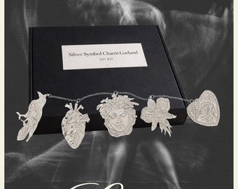 Silver Symbol Charm Garland DIY Kit – Feminine Vintage Wall Hanging, Foil Art Craft Kit