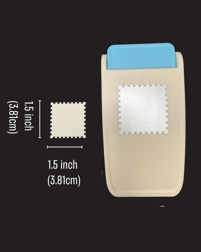 May include: A beige craft punch with a light blue handle, featuring a square shape with scalloped edges. The punch creates a 1.5 inch by 1.5 inch square cutout. The tool is shown next to a square cutout with the same 1.5 inch dimensions.