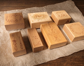 Mystical Wooden Rubber Stamps – Celestial Eye, Pearl, Star Journaling Supplies