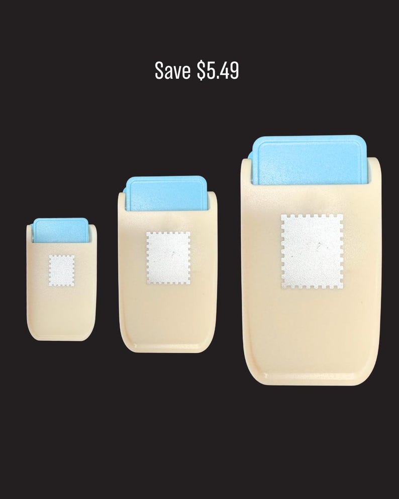 May include: Three beige paper punches with light blue levers arranged in ascending size order. Each punch features a square stamp-shaped icon on the front body. The text Save $5.49 is displayed at the top of the image.