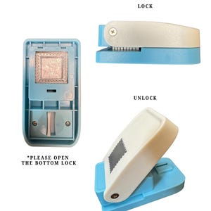 May include: A light blue and white paper punch tool shown in three positions. The device features a square cutting mechanism, a locking lever, and text labels reading LOCK, UNLOCK, and PLEASE OPEN THE BOTTOM LOCK for operation.