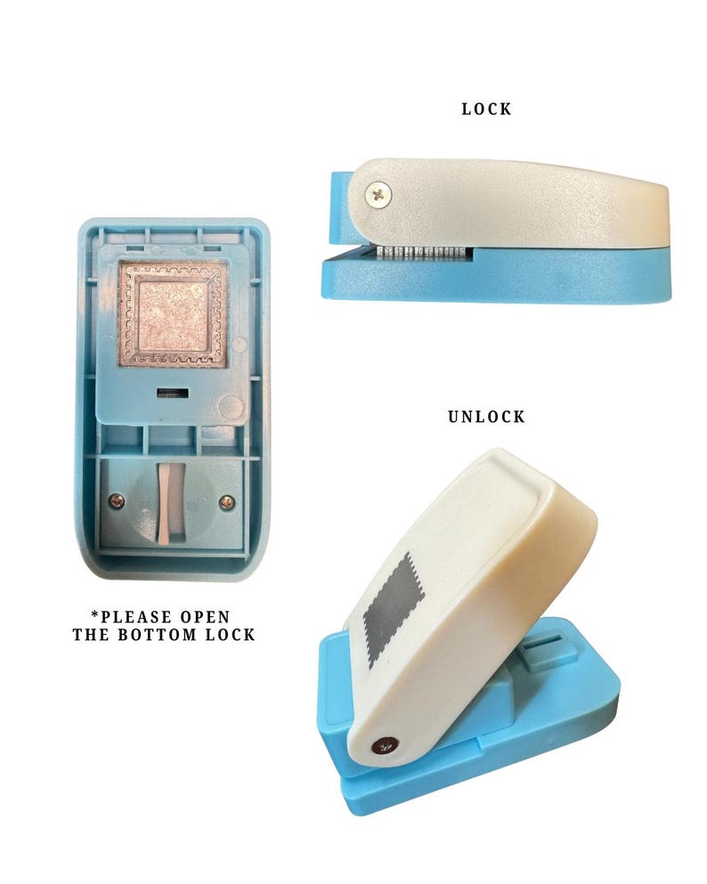 May include: A light blue and white paper punch tool shown in three positions. The device features a square cutting mechanism, a locking lever, and text labels reading LOCK, UNLOCK, and PLEASE OPEN THE BOTTOM LOCK for operation.