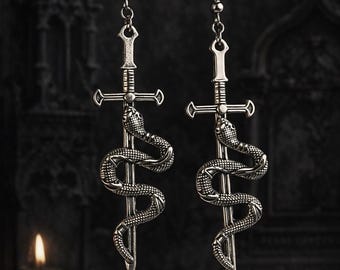 Gothic Sword & Snake Dangle Earrings – Dark Serpent Blade Jewelry, Alternative Witchy Statement Drop Earrings