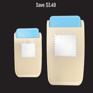 May include: Two beige and light blue paper punches of different sizes, each featuring a square stamp-shaped icon on the front. The text "Save $3.49" is positioned above the two tools against a dark background.