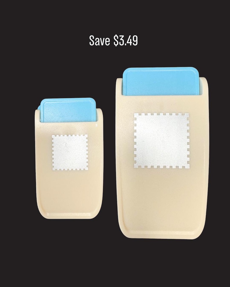 May include: Two beige and light blue paper punches of different sizes, each featuring a square stamp-shaped icon on the front. The text "Save $3.49" is positioned above the two tools against a dark background.