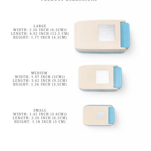 May include: Three rectangular paper punches in large, medium, and small sizes with cream-colored bodies and light blue accents. The large punch is 2.56 inches wide, 4.92 inches long, and 1.77 inches high. Medium is 1.97 by 3.62 by 1.36 inches.