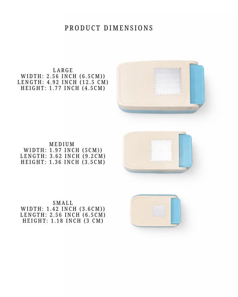 May include: Three rectangular paper punches in large, medium, and small sizes with cream-colored bodies and light blue accents. The large punch is 2.56 inches wide, 4.92 inches long, and 1.77 inches high. Medium is 1.97 by 3.62 by 1.36 inches.