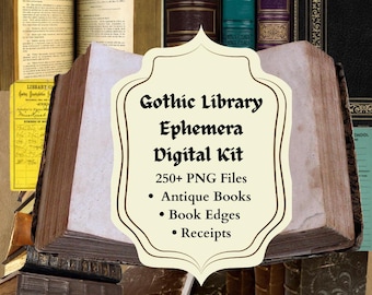 Gothic Library Ephemera Digital Kit, 250+ PNG Antique Book Covers, Book Edges, Vintage Receipts, Dark Academia Junk Journal Printable
