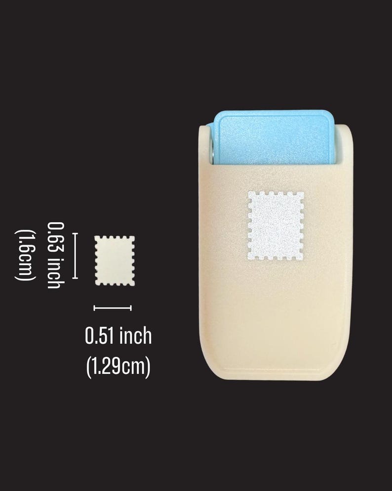May include: A beige craft punch with a light blue lever, featuring a stamp-shaped cutout design. The punch creates a shape measuring 0.63 inches in height and 0.51 inches in width, as indicated by the measurement labels next to the tool.