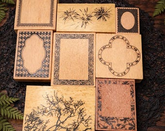 Ornate Gothic Ephemera Stamp | Vintage Wooden Rubber Stamps with Decorative Frames & Tree Branch | Junk Journal Supplies