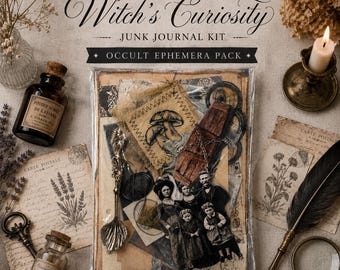 Witch’s Curiosity Junk Journal Kit | 30+ Piece Vintage Occult Ephemera Pack | Gothic Collage Stickers & Texture Papers | Dark Academia Craft