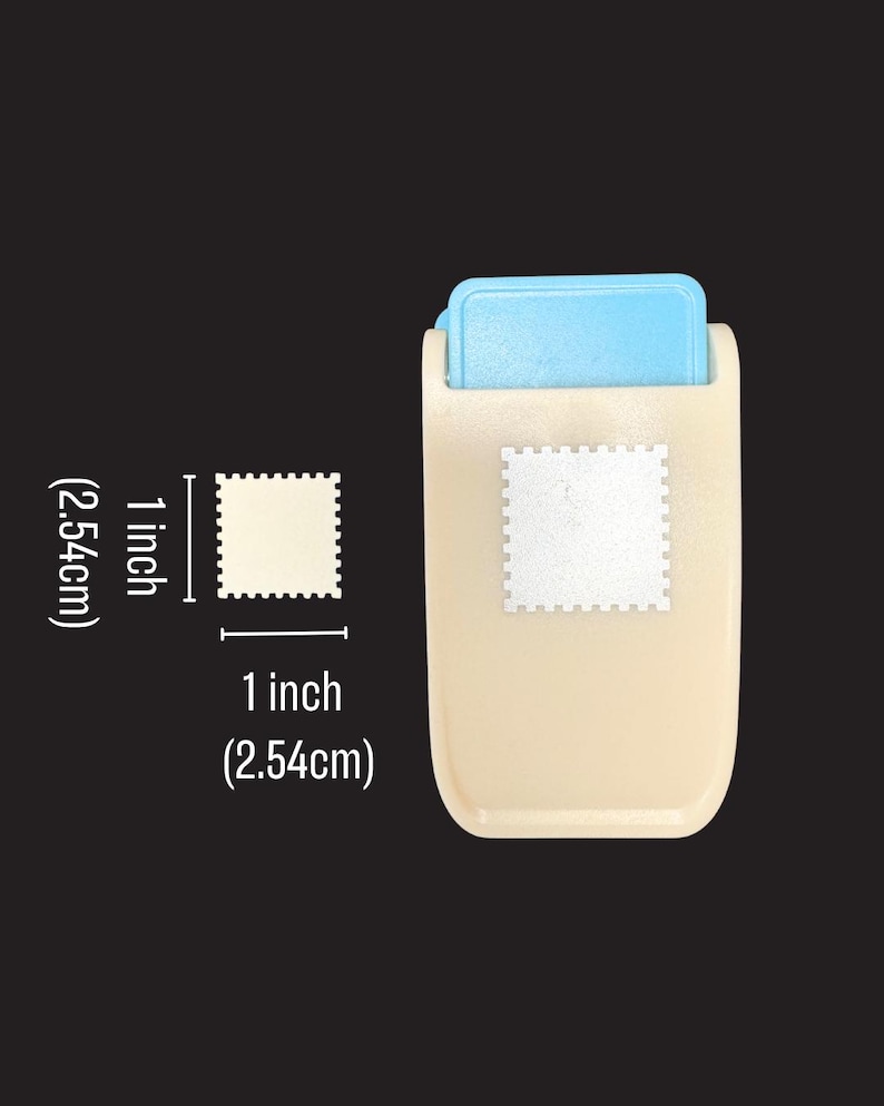May include: A beige and light blue paper punch tool that creates a square shape with scalloped edges. The tool is shown next to a diagram indicating the punched shape measures 1 inch by 1 inch, providing a clear visual reference for size.