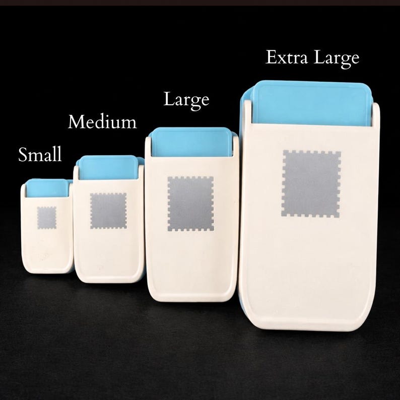 May include: Four rectangular plastic bag sealers in graduated sizes labeled Small, Medium, Large, and Extra Large. Each device features a cream-colored body, a light blue top handle, and a central gray square with a serrated border design.