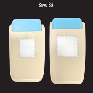 May include: Two beige paper punches with light blue top levers and a silver square stamp-shaped icon on the front. The text Save $3 is positioned above the two tools. The punches have a smooth, rounded rectangular body design.