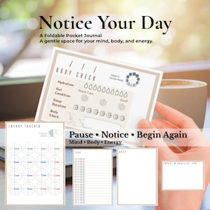 以下が含まれることがあります： Notice Your Dayというタイトルの折りたたみ式ポケットジャーナル。水分補給や睡眠のアイコン付きのボディチェックセクション、時間ごとの円形エネルギー追跡表、スマイリーフェイスのチェックボックス付きタスクリスト、メモ欄、感謝の記録欄があります。