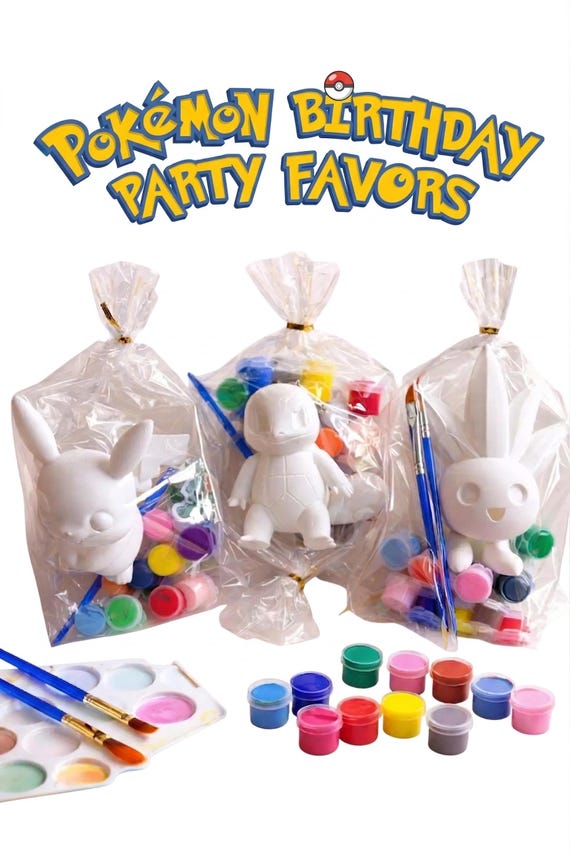 Pokemon Party Favors Paintable Kit, 3D Pokemon Figure Gift Bags, Kids Painting Activity, Birthday Goodie Bags with Sticker and Brushes