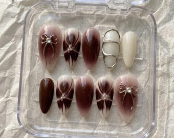 Chocolate Brown Ombre Press On Nails, Long Almond Luxury Nails, Bow Charm French Tip, Elegant Fall Winter Handmade Nails
