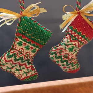 Mini Fillable Stocking Ornament Needlepoint Finishing Service: Mini, Lined, Fillable Stocking Ornament with Twisted Trim and Bows