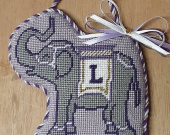 Irregular Shaped Ornament Needlepoint Finishing Service: Flat Back, Puffy Front with Twisted Trim and Bows