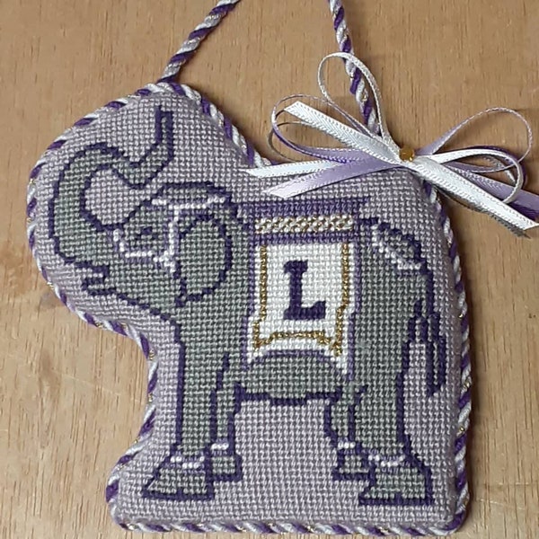 Irregular Shaped Ornament Needlepoint Finishing Service: Flat Back, Puffy Front with Twisted Trim and Bows