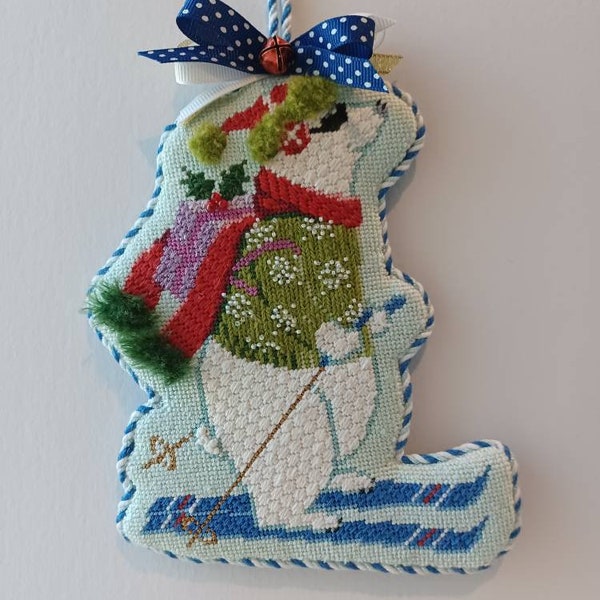 Irregular Shaped Ornament Needlepoint Finishing Service: Flat Back, Puffy Front with Twisted Trim and Bows