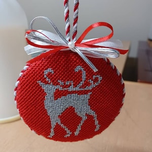 Round Ornament Needlepoint Finishing Service: Flat Back, Puffy Front with Twisted Trim and Bows