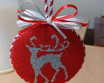 Round Ornament Needlepoint Finishing Service: Flat Back, Puffy Front with Twisted Trim and Bows