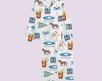 Lake House-pyjamaset – Chocolate Lab Fishing kampvuurpyjama, knusse slaapkleding voor in de hut