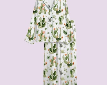 Cactuspyjamaset – aquarel succulente nachtkleding – zomerloungewear cadeau voor haar